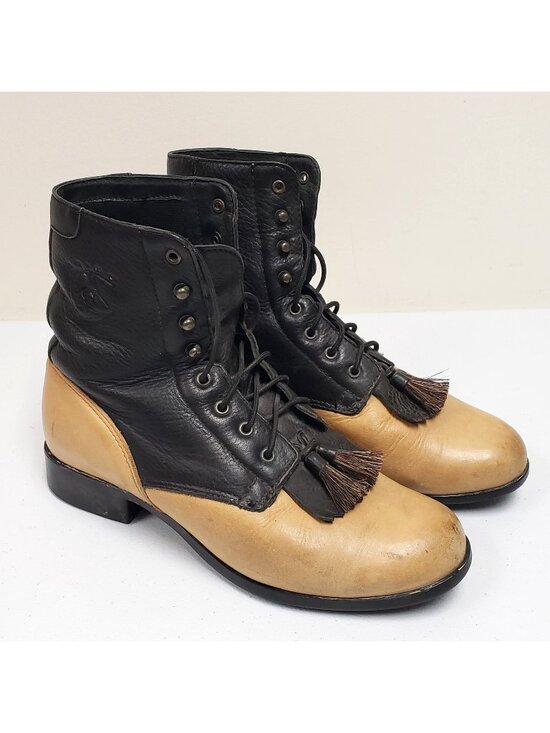 Ariat Shoes - Ariat Two-Tone Leather Lace-Up Riding Boots Horse Hair Tassels Black Tan Size 7.